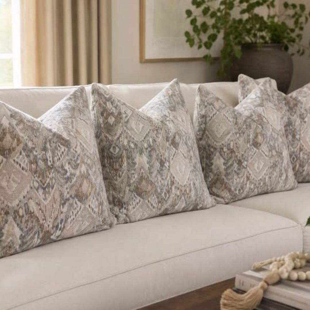 Set of 4 Custom Designer Pillow Covers 22x22 Blue Taupe Ikat Chenille